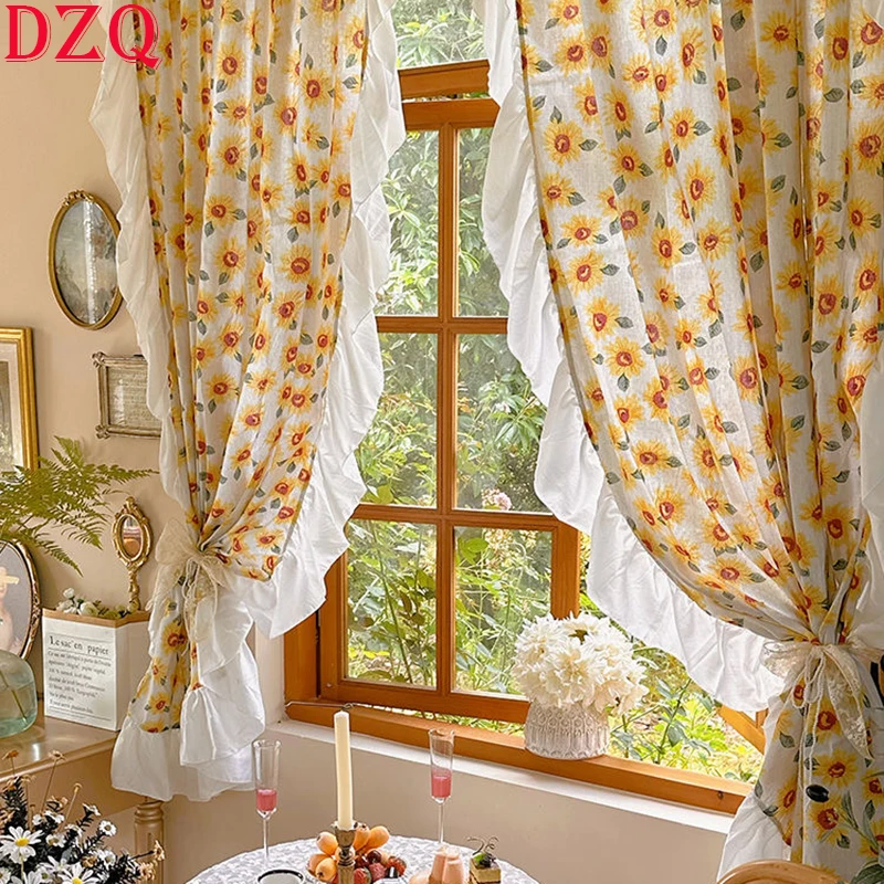 

Idyllic French Rural Sun Flowers Door Curtains Cloth for Living Room Warp Ruffled Cotton and Linen Curtains for Kitchen #A460