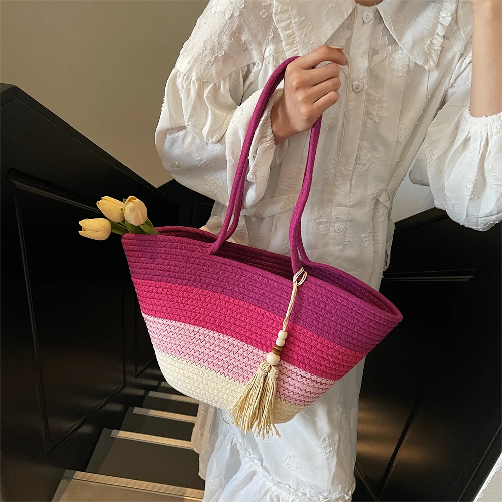 Striped Cotton Rope Tote with Tassel 6 S259304e0fb684c1689d08b8a9f2be9603