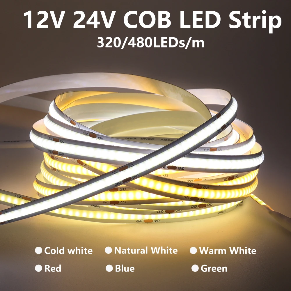 

12V 24V COB LED Strip Light Bar 8mm PCB 320 480 LEDs/m High Density Dimmable Flexible Linear Light LED Tape RA90 5m/Lot 16.4FT