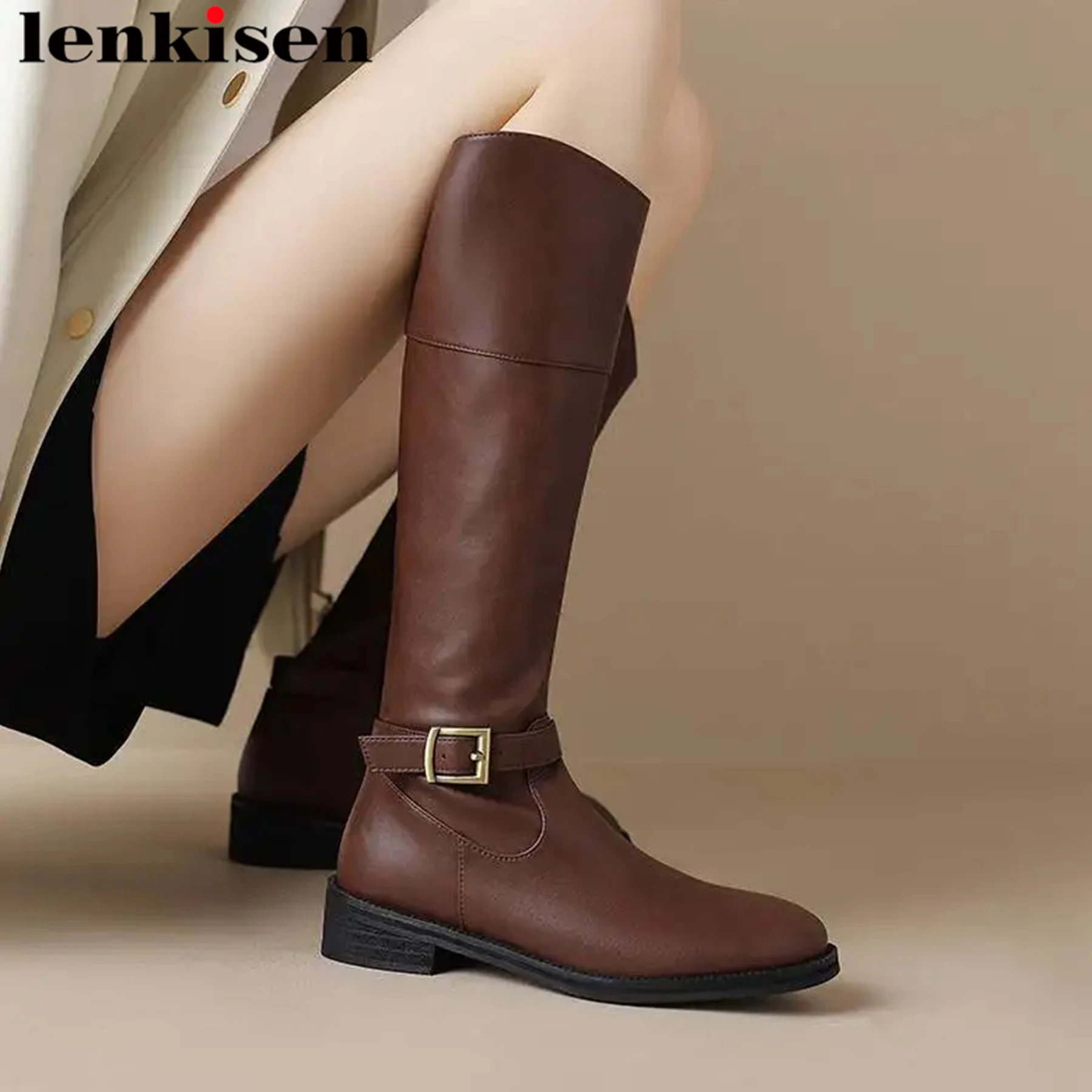 

Lenkisen Superstar Cow Leather Round Toe Med Heels Riding Boots Winter Metal Buckle Vintage Classics Runway Ins Thigh High Boots