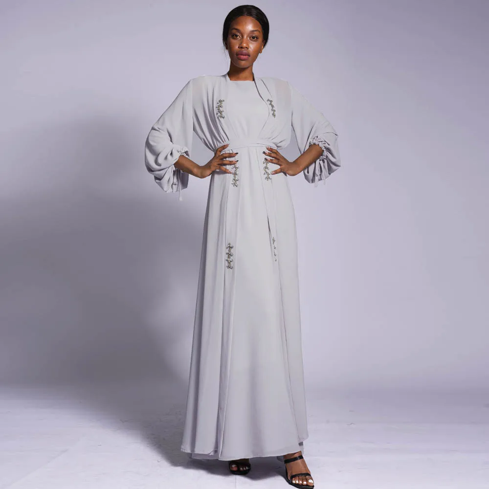 

Solid Muslim Abaya Dress Women Muslim Set 2 Piece Set Diamond Chiffon Long Dress Party Dresses Dubai Abayas （Outside + Lining）