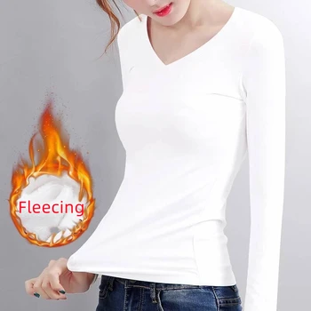 Thermal Underwear Women Bottoming Shirt Fleecing Winter Slim Basic Long-Sleeved T-Shirt Thin Velvet Heating Fiber Cropped Tops