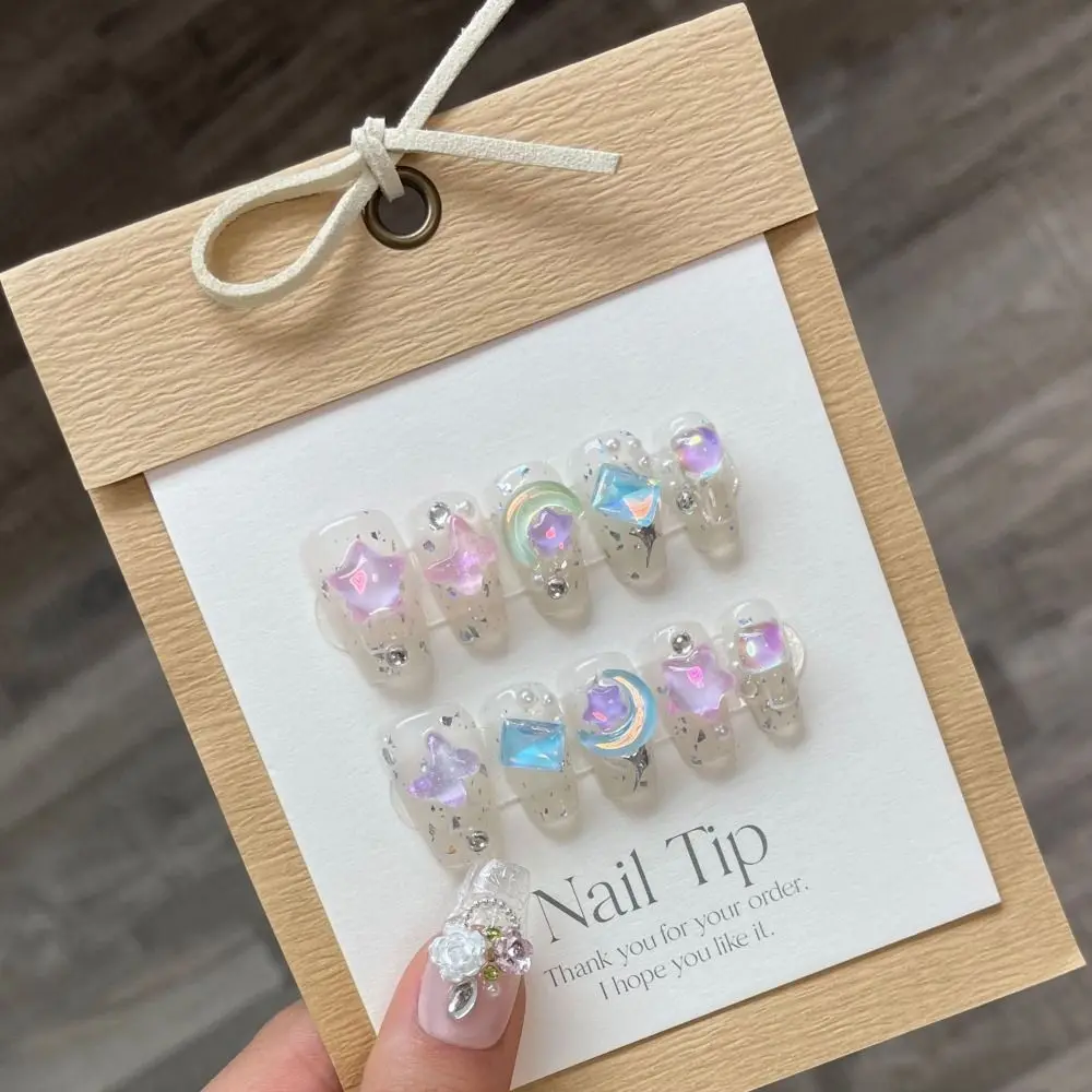 

10Pcs XS S M L Dream Moon Stars Handmade Nails with Rhinestones with Tool Box Press on Nails Full Cover