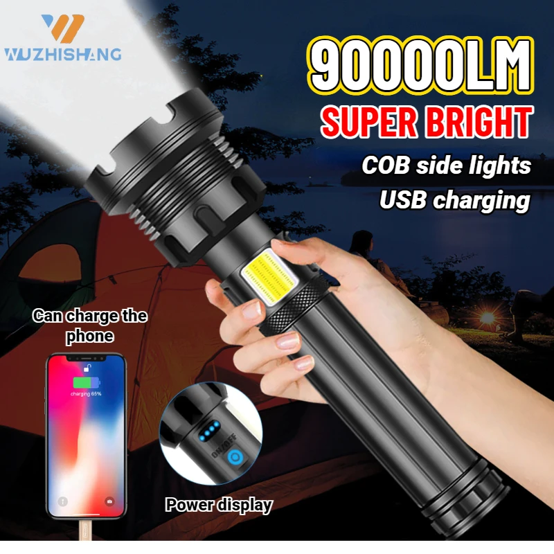 

XHP90 Powerful LED Flashlight Flstar Fire Outdoor Camping Power Display 7 Modes Lantern USB Rechargeable Telescopic Zoom Torch