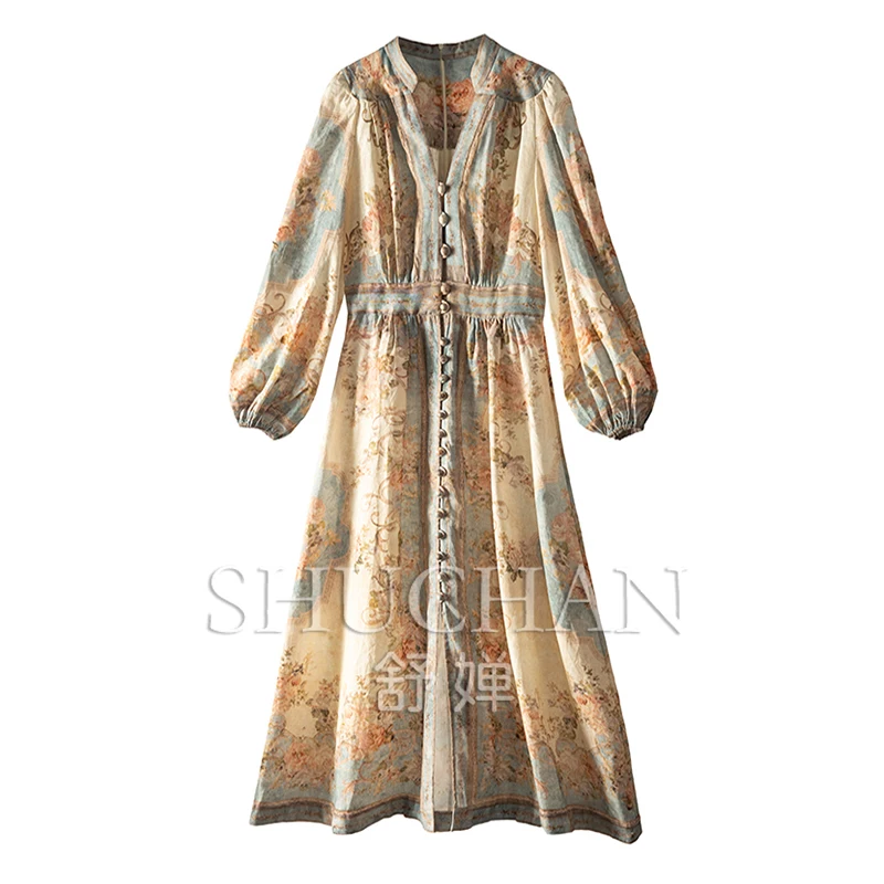 

Indie Folk print long dress women summer 2024 100% linen vestidos de mujer elegantes para fiesta evening dresses