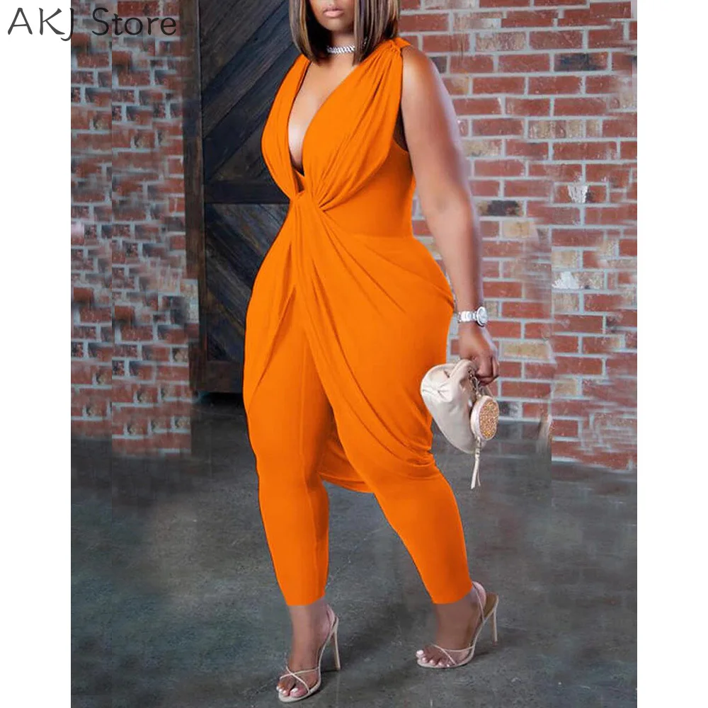 

Summer Solid Plunging Deep V-Neck Twist Draped Sexy Sleeveless Jumpsuit
