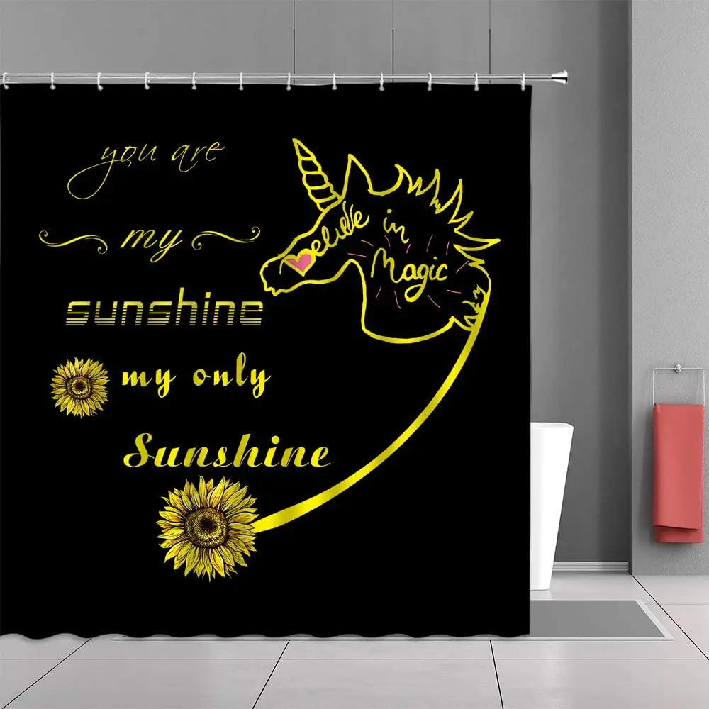 Black Sunflower Shower Curtain Magic Unicorn Head Sunshine Plant Yellow Flower Pattern Waterproof Cloth with Hook Bath Curtains 
Black Sunflower Shower Curtain Magic Unicorn Head Sunshine Plant Yellow Flower Pattern Waterproof Cloth with Hook Bath Curtains
