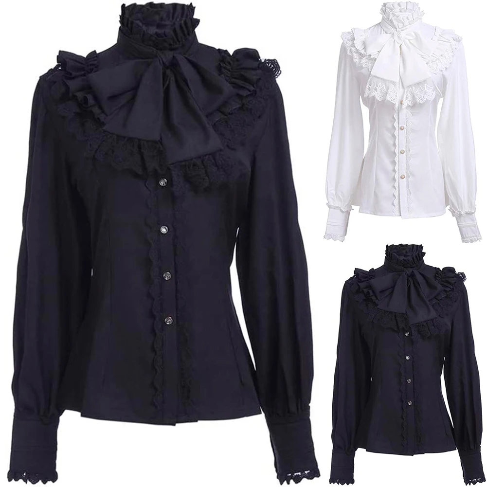 

New Vintage Victorian Ruched Lace Shirts And Blouses Gothic Lolita Long-Sleeve Ruffles Solid Black White Tops Shirt For Women