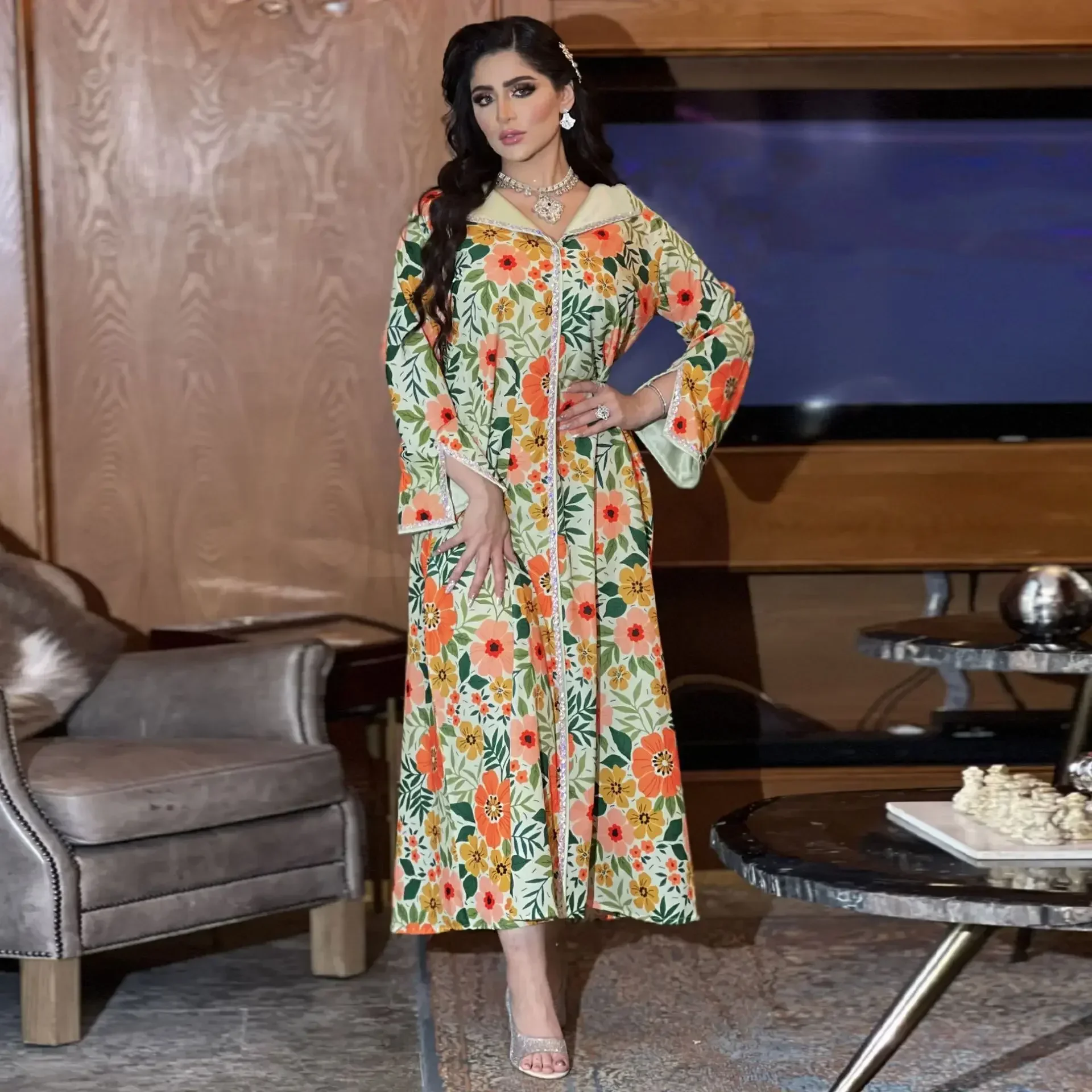 

Dubai Abaya Luxury For Muslim Womens 2023 Spring Fashion Diamonds Floral Print Long Sleeve Dress Ramadan Arabian Clothes Women