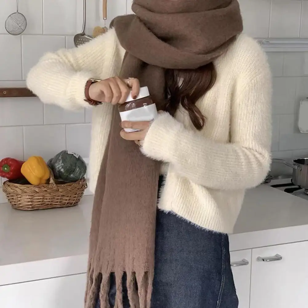 

Однотонный шарф, стильный женский зимний шарф, плотная теплая ветрозащитная шаль с витой кисточкой, защита шеи