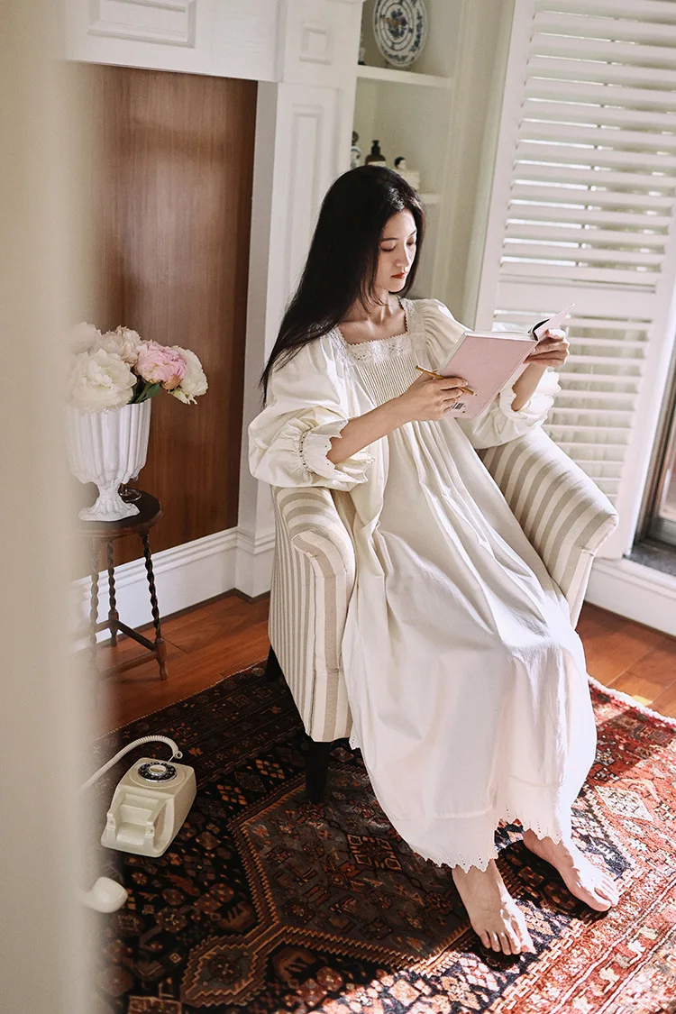 Vintage Soft Cotton Beige Long Nightgowns For Women Long Sleeve Elegant Nightshirts Comfortable Loose Sweet Night Dress 13 S25a1c8bd94894516b8500b950e1e758eh