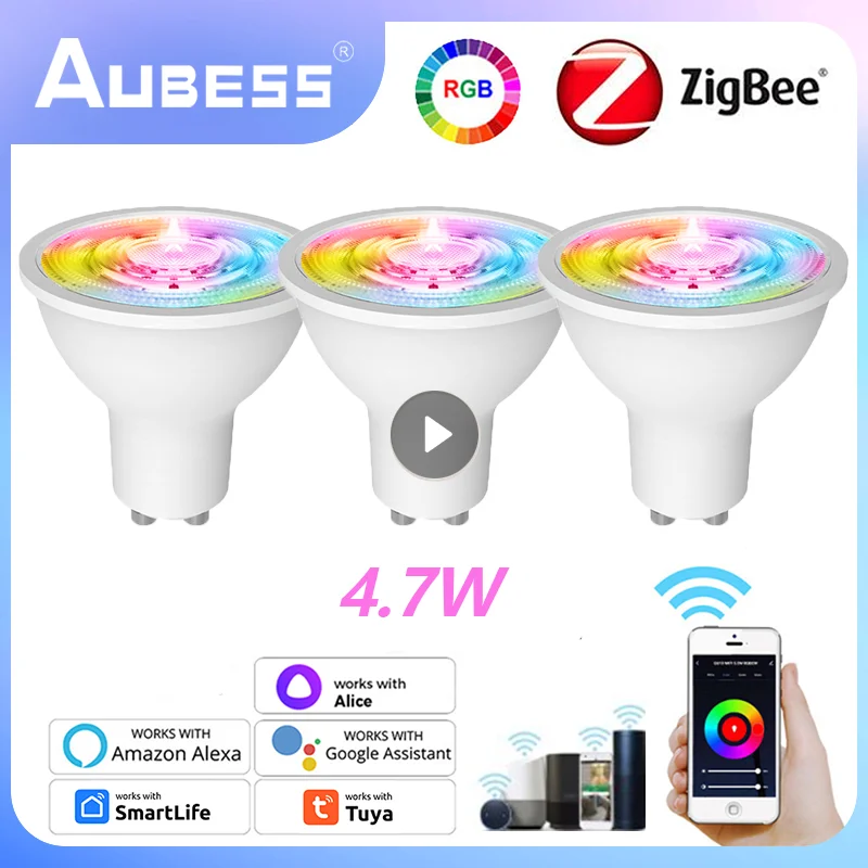 

Умные светодиодные лампы Tuya GU10 ZigBee, RGB C + W, 4,7 Вт, белые лампы с регулируемой яркостью, умный дом, управление через приложение, лампочки с голосовым управлением, Alexa Google