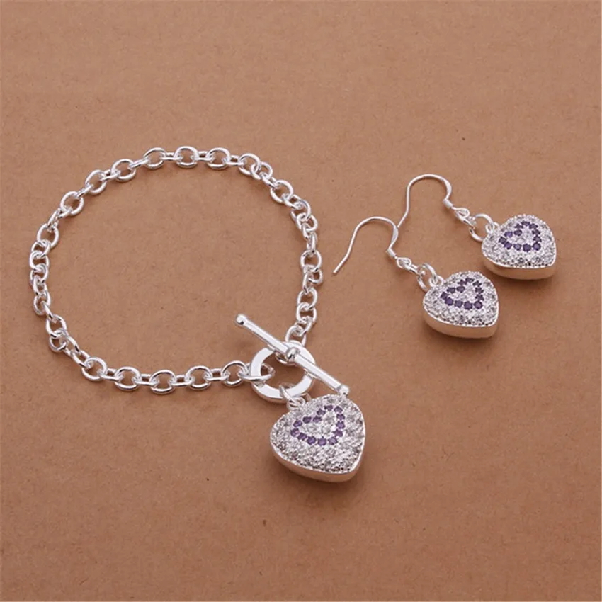 

Hot party jewelry exquisite romantic loving zircon crystal bracelet drop earrings fashion women Silver color jewelry Set