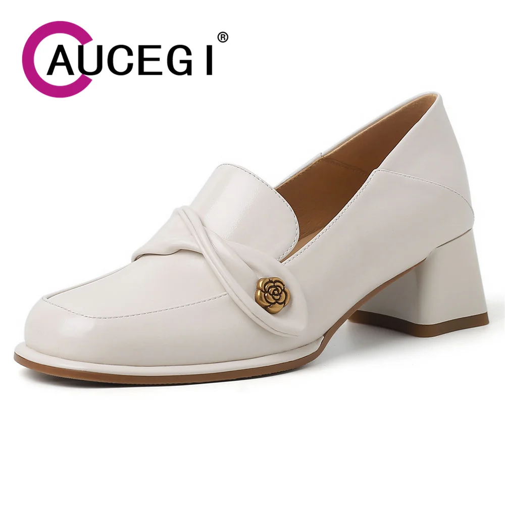 

Aucegi Brand Design Thick High Heel Ladies Pumps Leisure Style Fold Genuine Leather Square Toe Party Commuter Handmade Shoes