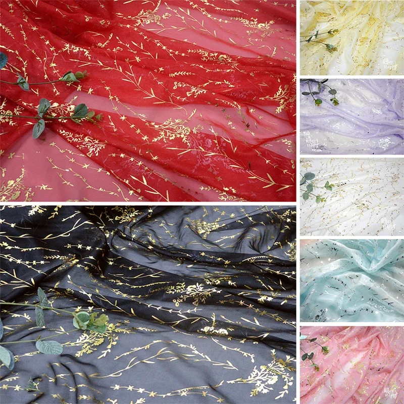 

Bronzing Chiffon Fabric By The Meter for Hanfu Dresses Diy Clothing Sewing Printed Plum Blossom Textile Summer Soft Flowers Thin