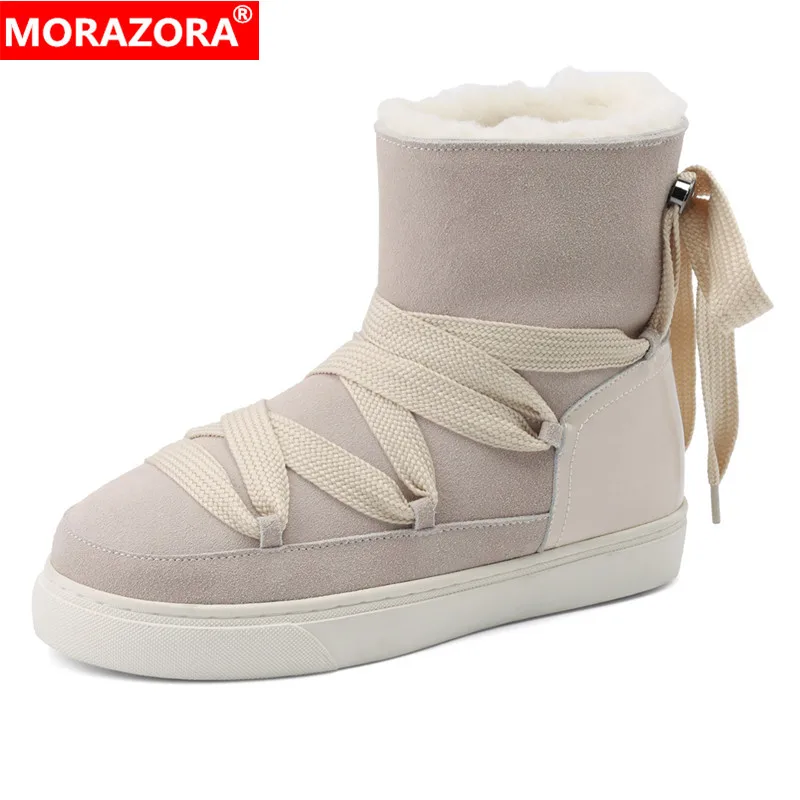 

MORAZORA Size 34-43 New Cow Suede Leather Snow Boots Women Nature Wool Warm Winter Boots Platform Lace Up Fashion Ankle Boots