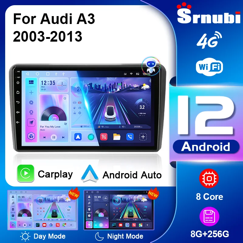 

Srnubi 2 Din Android 12 Car Radio for Audi A3 8P S3 RS3 2003-2013 Multimedia Player Carplay Head Unit GPS Stereo Auto Navigatore