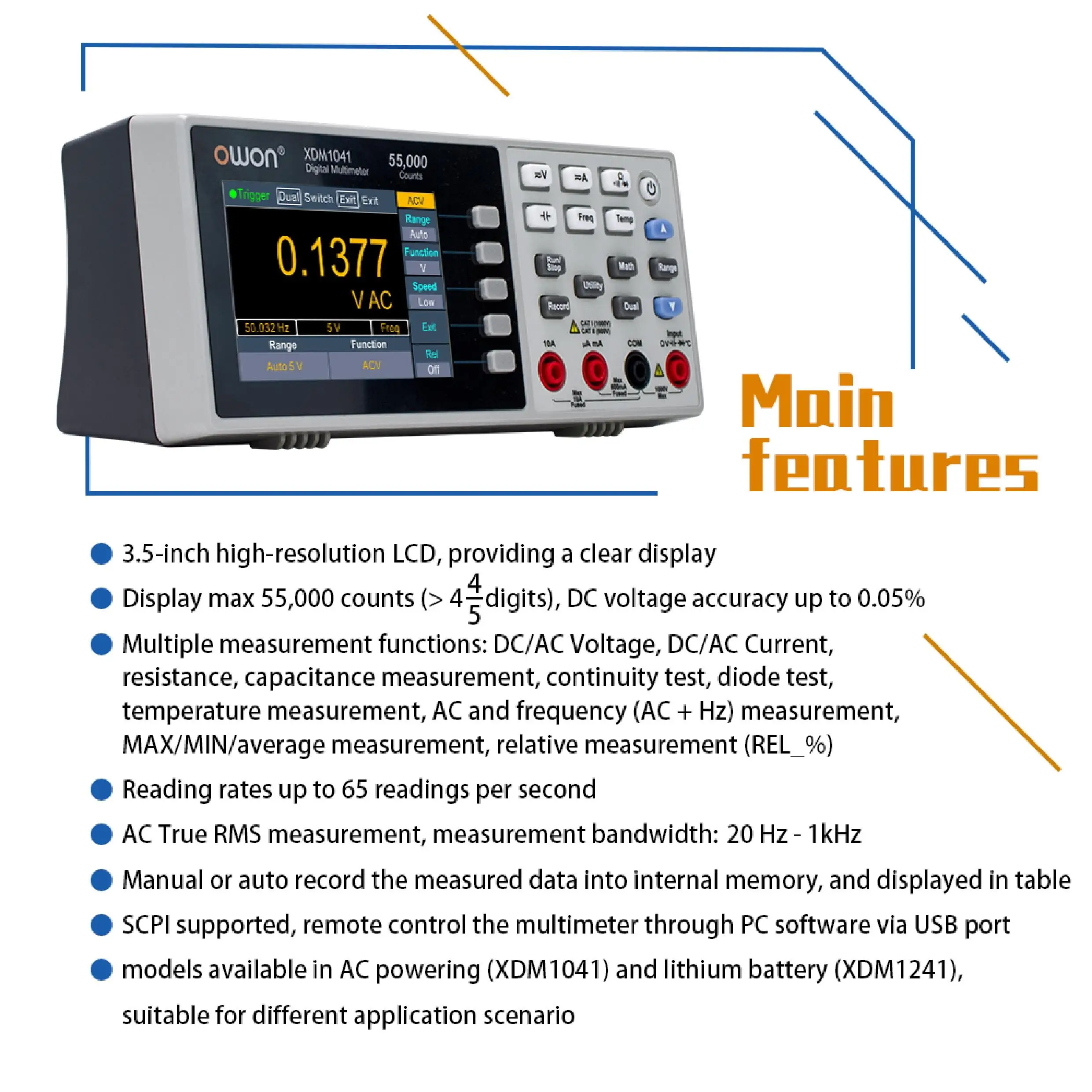Owon XDM1241 Digital Bench Multimeter With 18650 Lithium Battery 55000 Counts USB DC AC Current Voltmeter Temp HZ Desktop Tester
Owon XDM1241 Digital Bench Multimeter With 18650 Lithium Battery 55000 Counts USB DC AC Current Voltmeter Temp HZ Desktop Tester