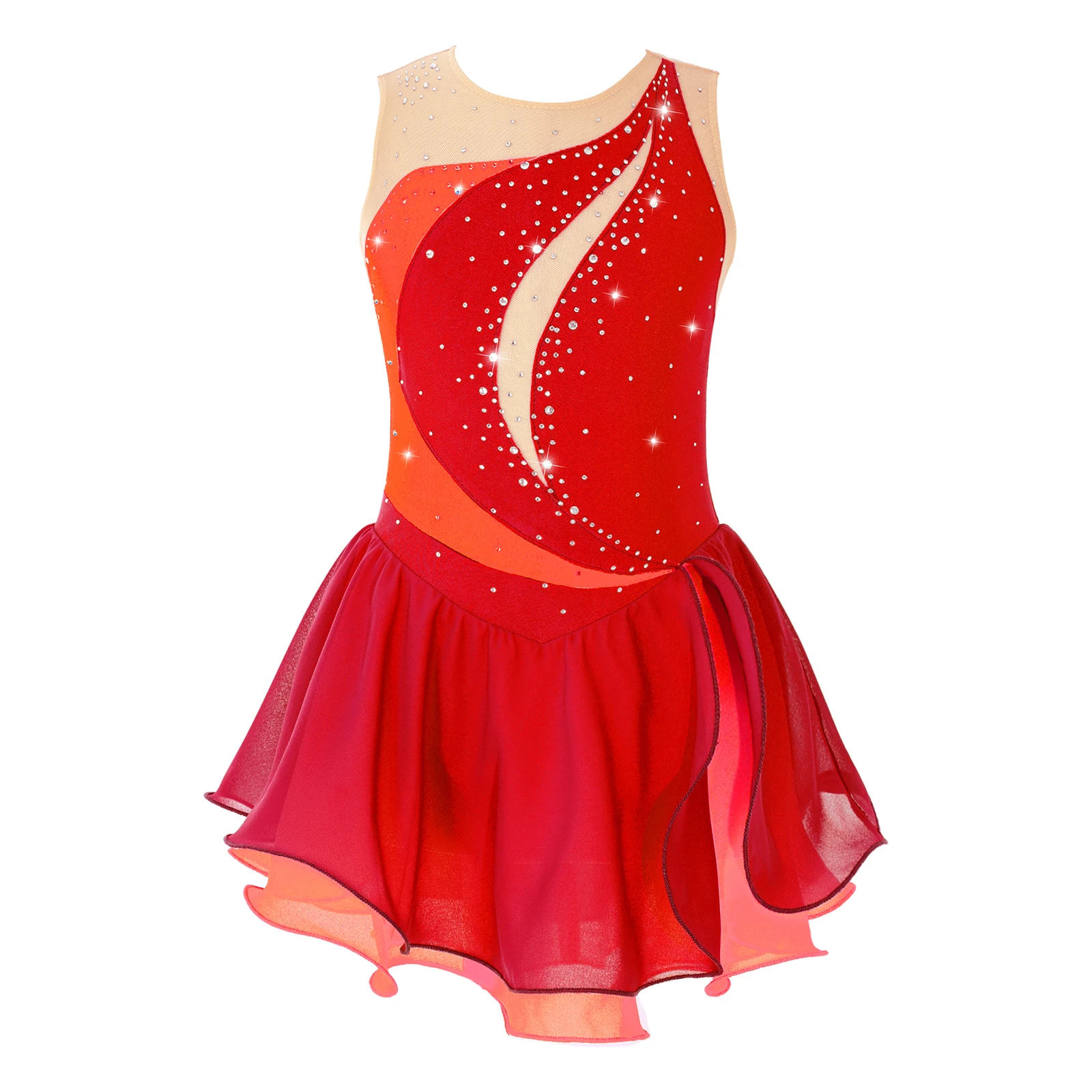 

Kids Girls Sleeveless Shiny Ballet Dance Ice Skating Dress Mesh Splice Color Block Chiffon Lyrical Dress Dancewear Costume