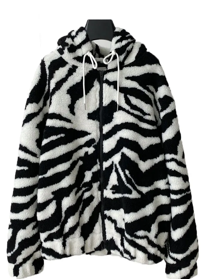 

Rocker fleece jacket hooded short loose fit zebra print design warm and cozy 2023 winter new 1106
