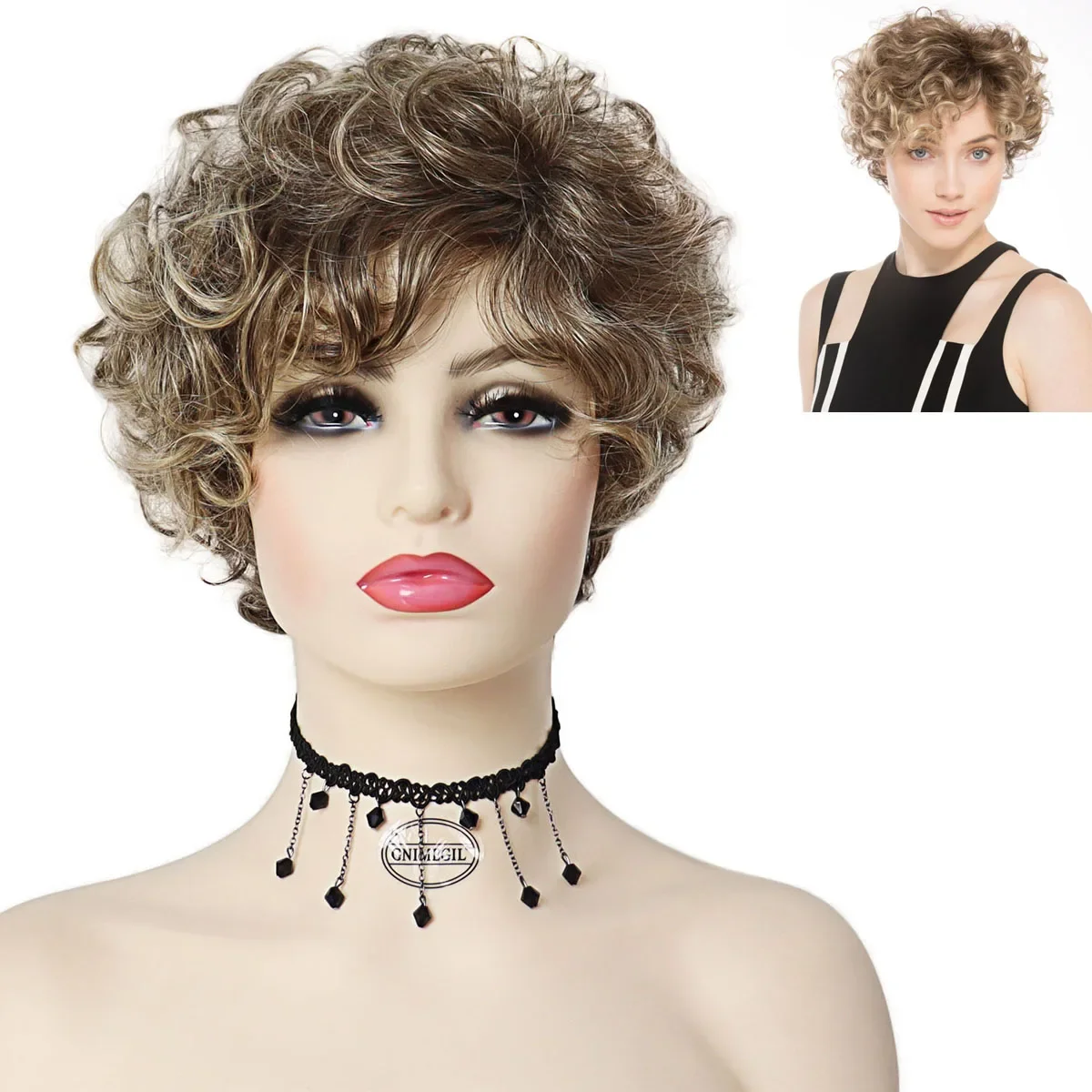 

GNIMEGIL Synthetic Short Curly Wigs for Women Blonde Wig with Dark Root Ombre Natural Hairstyle Cosplay Halloween Party Daily