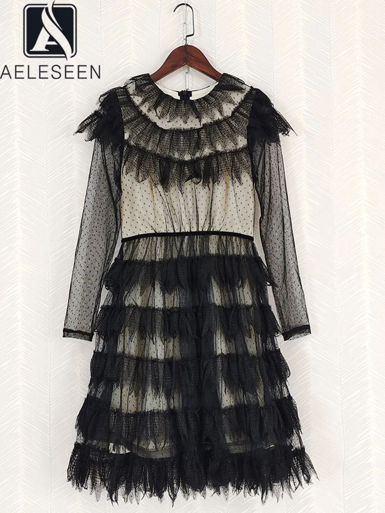 AELESEEN Women High Quality Lace Dress Black Long Sleeve Bow Ruffles Dots Print Prom Elegant Knee-length Party Holiday
AELESEEN Women High Quality Lace Dress Black Long Sleeve Bow Ruffles Dots Print Prom Elegant Knee-length Party Holiday