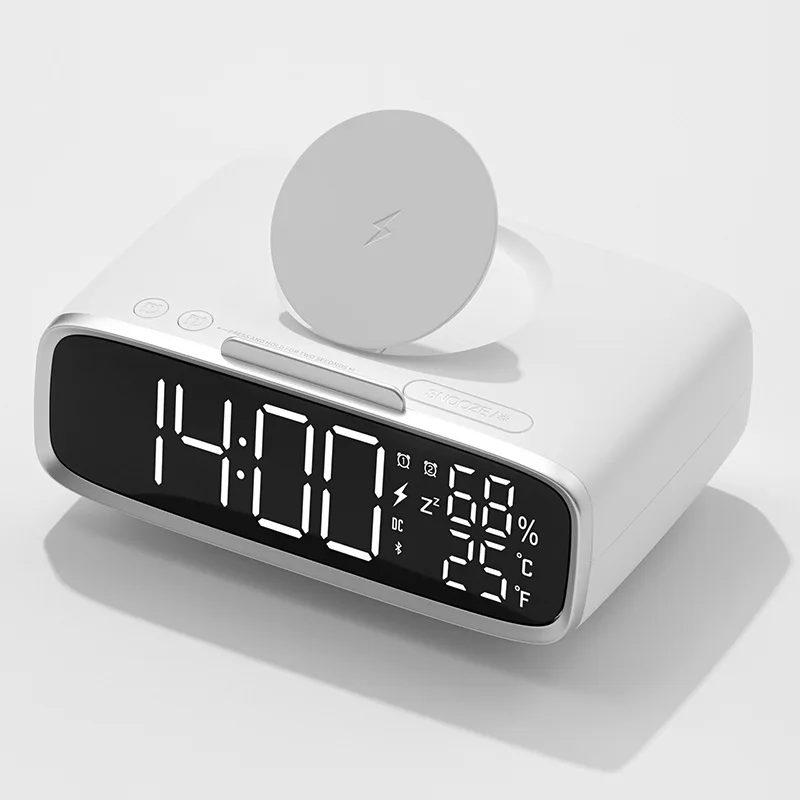 

Digital Bedside Alarm Clock Wireless Charging Smart Bluetooth Speaker Snooze Mode Mobile Phone Stand Desk Clock