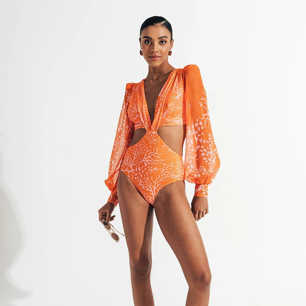 

Print Swimsuits One-Piece Women's Swimwear Sexy Long-Sleeved Swimsuit Bikini Female Push Up Bathing Suits Beachwear