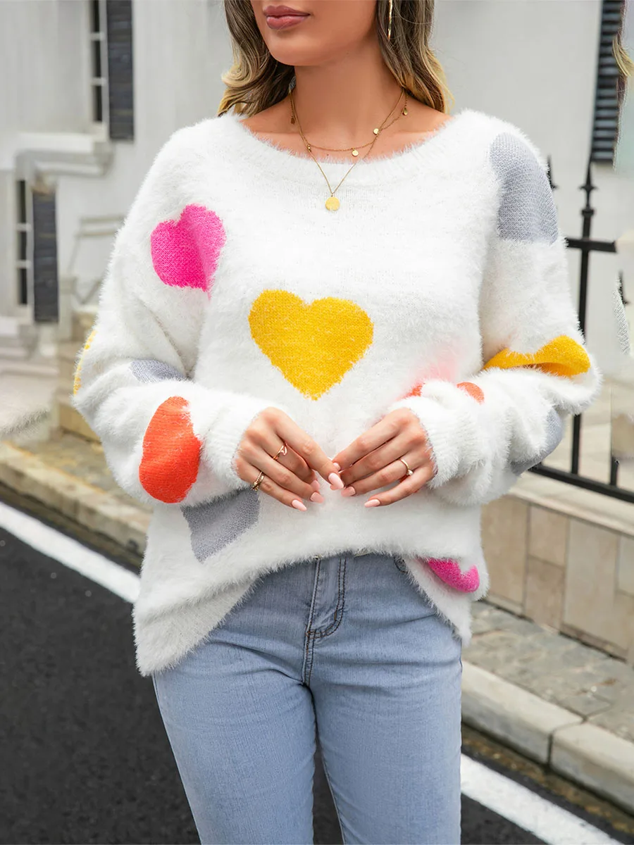 

Женский милый пуловер, свитеры, модный, в эстетическом стиле, кремовый, с сердечками, Мягкий трикотажный, с длинным рукавом