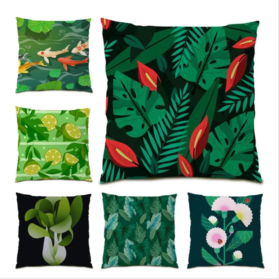 

Decorative Cushion Cover 45x45 Green Leaves Nordic Home Living Room Flocking Tropical Pillow Cover Monstera Printed Leaf E0738