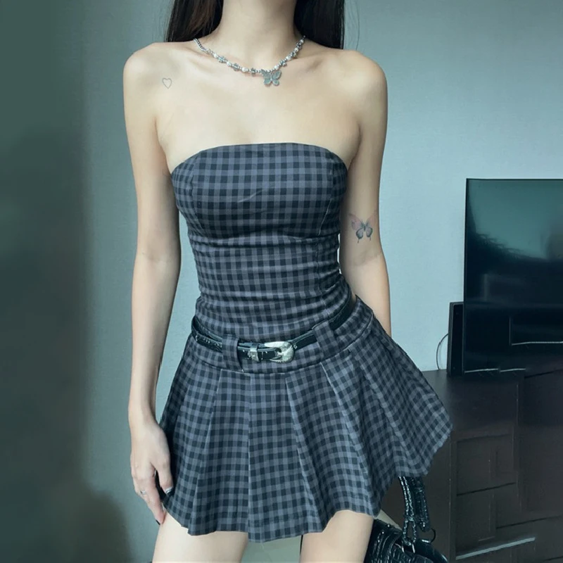 

Plaid A-line Mall Gothic Strapless Dresses Grunge Sexy Off Shoulder Slim Dress Women Shirring Back Summer Party Outfit