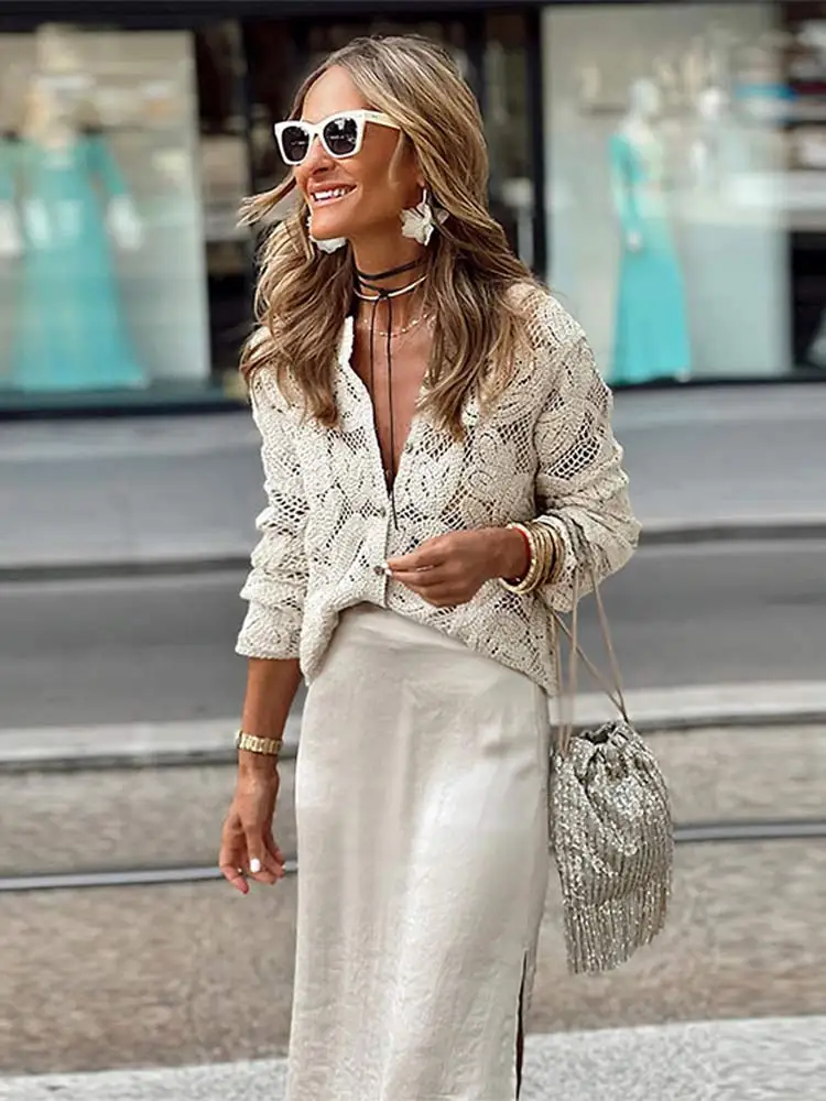 

Женская кружевная ажурная рубашка, элегантная белая винтажная однобортная блузка с длинным рукавом, Новая женская уличная одежда