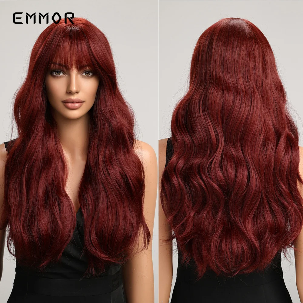 

Emmor синтетический Бордо Красный длинный волнистый парик для женщин с челкой вечерние Косплей Лолита термостойкие волосы парики