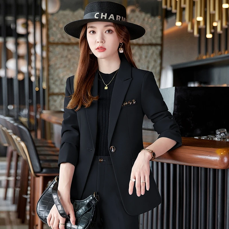 

Women's Retro Casual Cropped Pocket Blazer Wide-leg Pants Set Commuter Solid Loose Single-breasted Suit Trousers Two-piece Sets