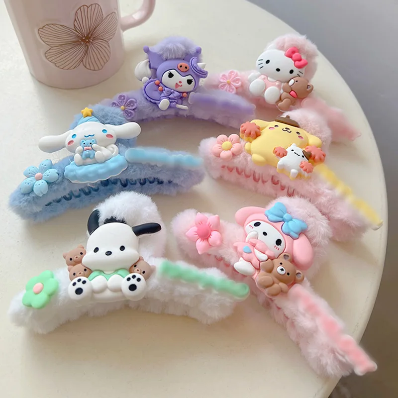 

Cinnamoroll Kuromi Pompompurin Pochacco Hello Kitty Sanrio My Melody Cartoon Cute Fluffy Hair Clip Anime Plush Toy for Girl Gift