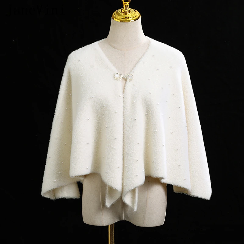 

JaneVini Elegant Ivory Women Royal Cape Mink Fur Wedding Jacket Coat with Pearls Pin Winter Bridal Shrug Cloak Wrap Shawl Bolero