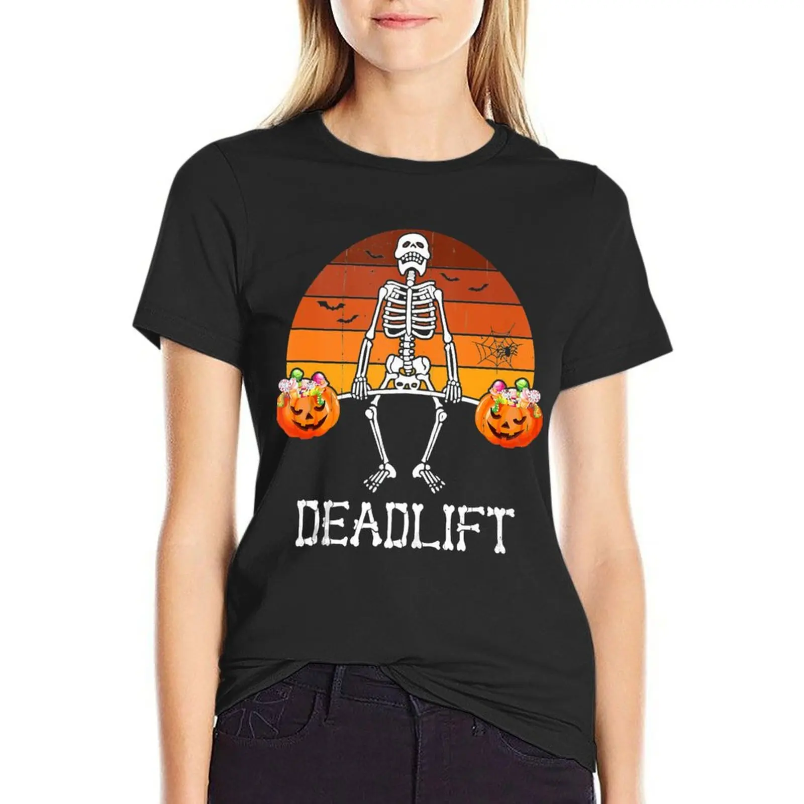 

Skeleton Dead Lift Candy Buckets Gym Workout Halloween T-shirt Short sleeve tee graphics Women's clothing