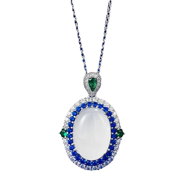 

S925 silver inlaid chalcedony high ice egg face jade pendant necklace with artificial sapphire pendant for women