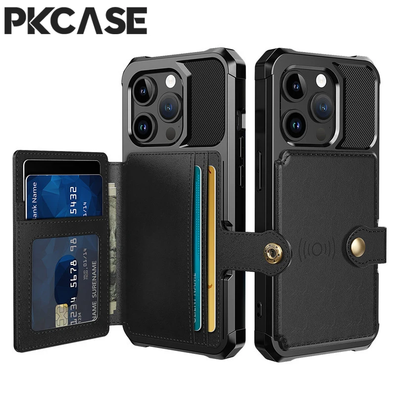 

PKCASE Shockproof Magnetic Card Bag Phone Case For iPhone 15 14 Plus Pro Max Card Slot Leather Wallet Cover
