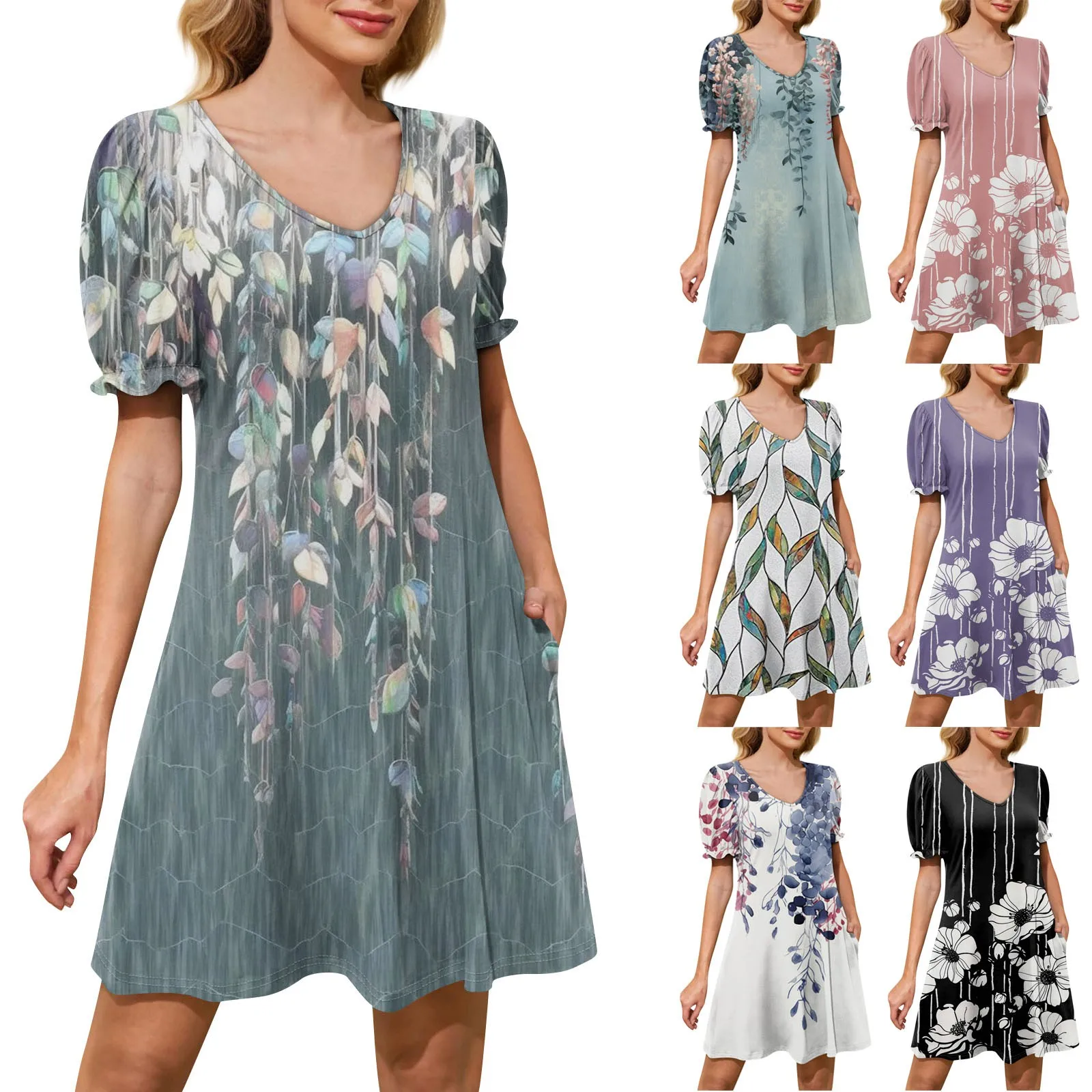 

Women's Casual Dresses Puff Short Sleeved V Neck Cocktail Dress With Pockets Summer Slim-Type Youthful Dresses vestidos cortos