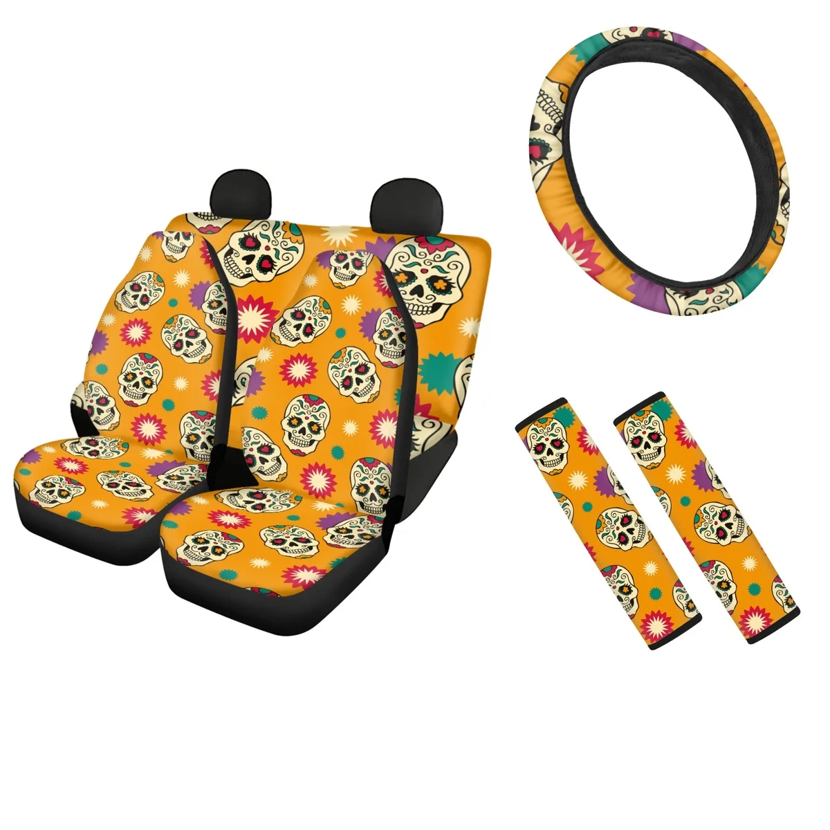 

Skull with Flower Design Print Universal Front&Rear Car Seat Covers Washable Steering Wheel Cover Seatbelt Protection Easy Clean