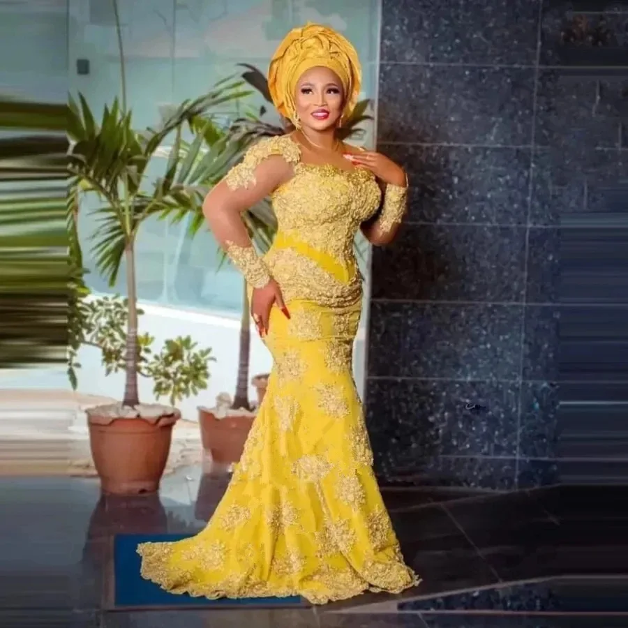 

Arabic Aso Ebi Yellow Beaded Long Sleeves Mermaid Prom Dress Ruched Satin Evening Dresses
