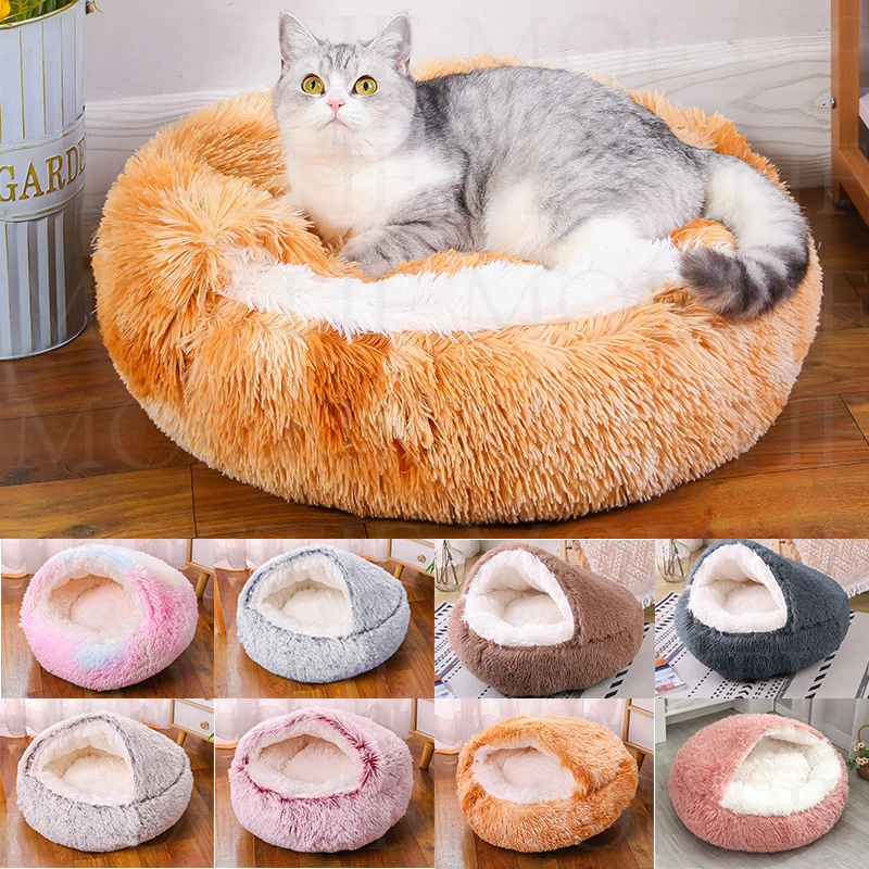 

Winter Long Plush Pet Cat Bed Round Cats Cushion Cat House 2 in1 Warm Pet Basket Kitten Sleep Bag Cat Nest Kennel for Small Dog