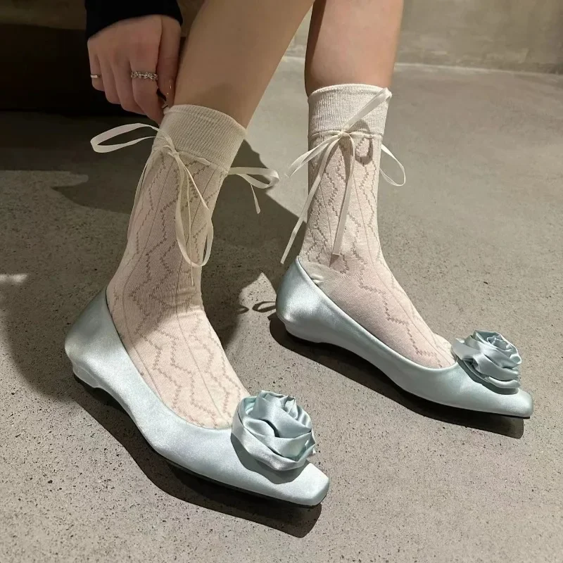 

2024 Summer Flats Shoes Women Square Toe Flat Female Ballet Rose Flower Shallow Ballerina Soft Moccasins Female Zapatillas Mujer