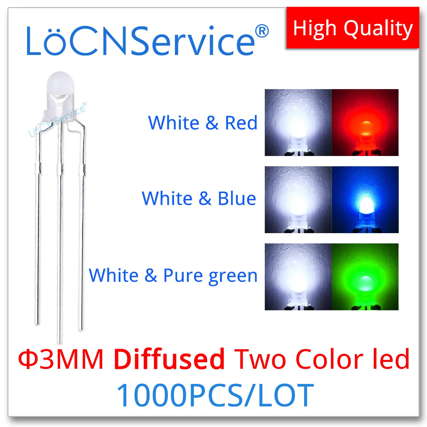 

1000PCS 3mm F3 Diffused Two Color Bicolor White red blue green DIP LED Bead Light Emitting Diode Quality Common Cathode Anode