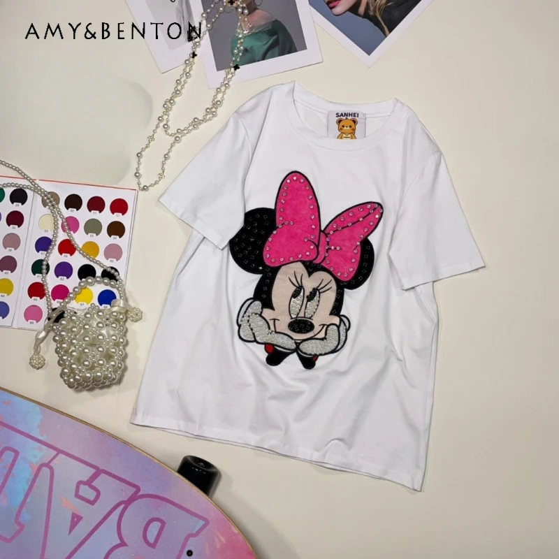 

Potdemiel 2024 Spring And Summer New Top Tees Fashion Bead Cartoon Patch Pullovers All-Matching Loose Short Sleeve Black T-shirt