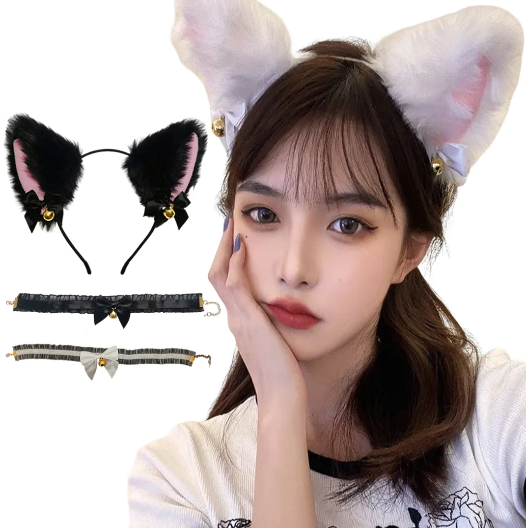 

Halloween Cat Ear Headband With Bells Necklace Plush Furry Cat Ears Headwear Hairband Women Girls Party Cosplay Hair Accessories