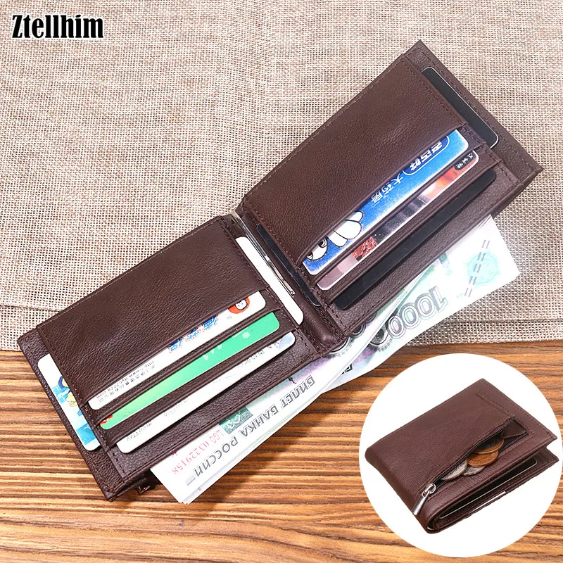 

Genuine Leather Wallet For Men Male Vintage Cowhide Short Slim Bifold Men's Purse Card Holder With Money Clip Zipper Coin Pocket