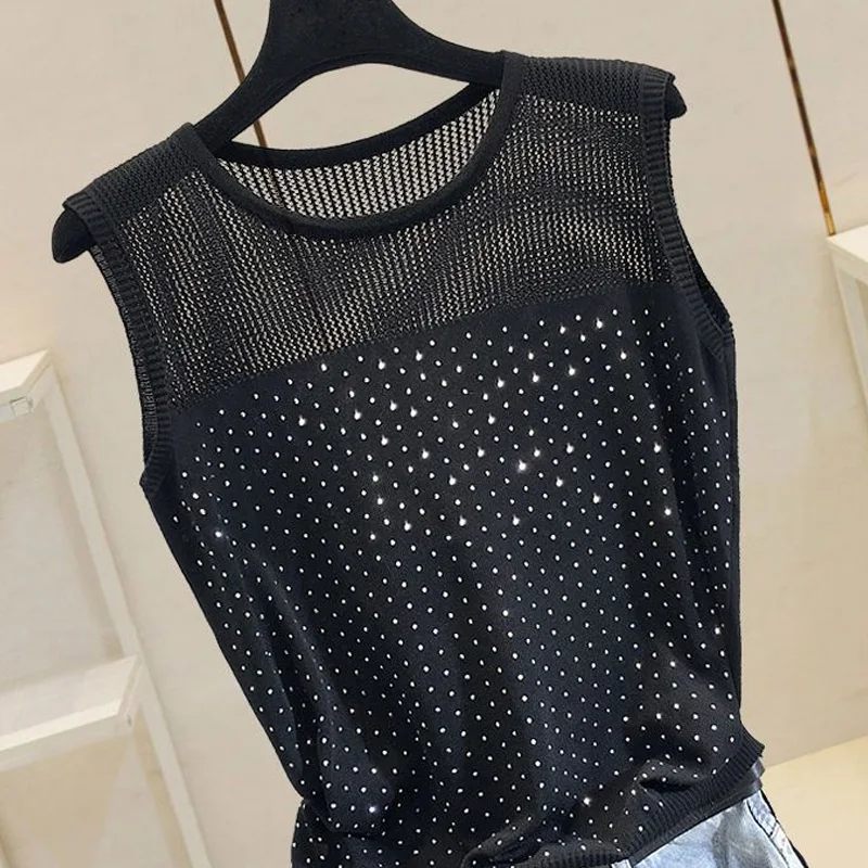 

Fashion Hollow Out Undercoat Tops Ladies Solid Women Clothing Diamonds Sleeveless Pullovers Summer Sexy Interior Lapping Camis