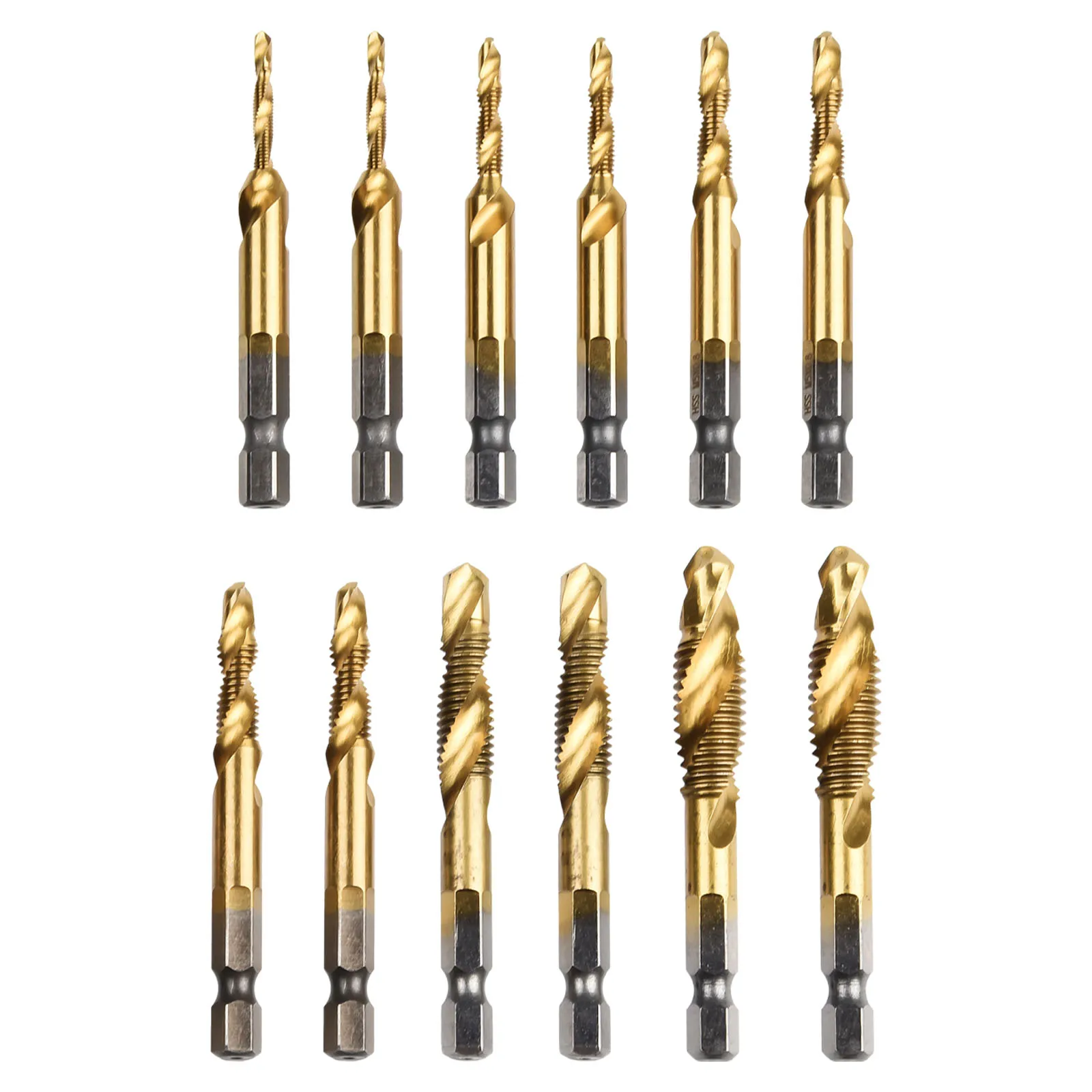 12Pcs Compound Metric Tap Drill Bits Screw Thread Hex Shank Machine HSS Tap Bit Tool For Metal Steel Wood Plastic
12Pcs Compound Metric Tap Drill Bits Screw Thread Hex Shank Machine HSS Tap Bit Tool For Metal Steel Wood Plastic